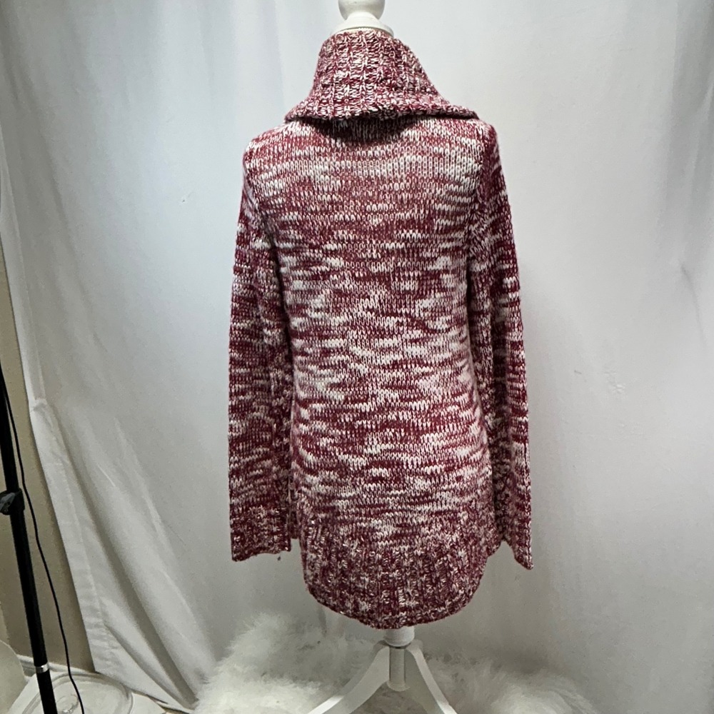 Womens Marled Burgundy White Cowl Neck Tunic Sweater Drawstring - Picture 6 of 9